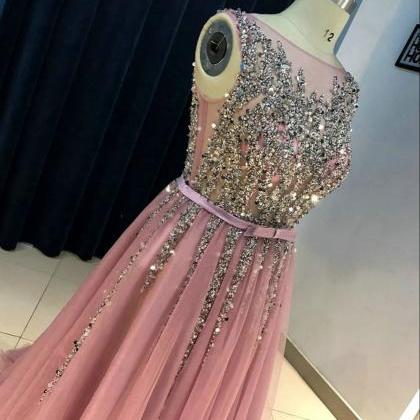 A Line High Neckline Sequin Long Evening Dress Beads Prom Dress