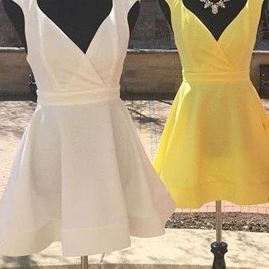 Yellow Satin Mini Prom Dresses,white Evening..