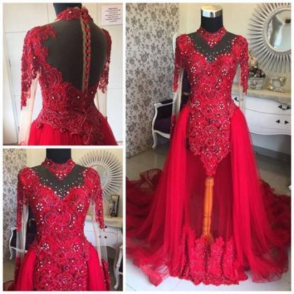 High Neckline Long Sleeves Lace Appliqued Red..