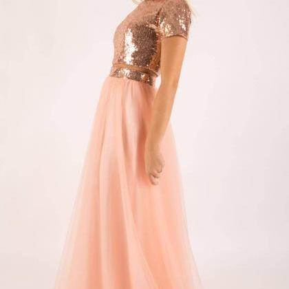 Two Piece Rose Gold Sequin Tulle Long Bridesmaid..