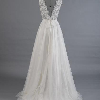 Sheer V Neckline Tulle Wedding Dresses With Lace..