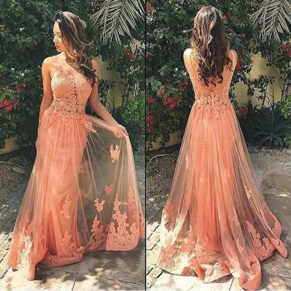Coral Lace Sweep Train Prom Dresses..