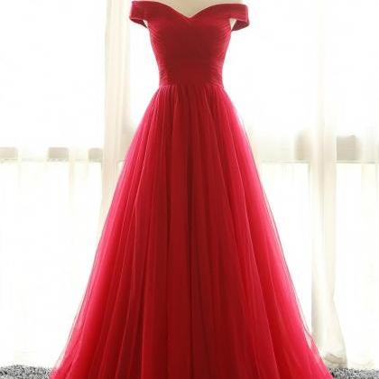 Red Formal Dresses Long,cap Sleeves Tulle Prom..