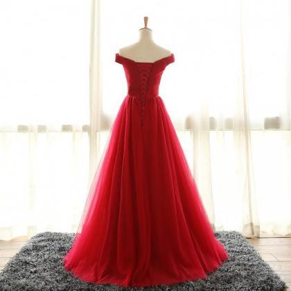 Red Formal Dresses Long,cap Sleeves Tulle Prom..