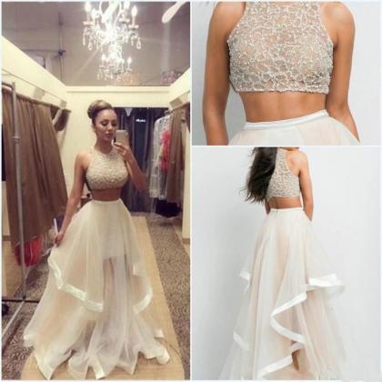 Beads Tulle Two Piece Prom Dresses,..