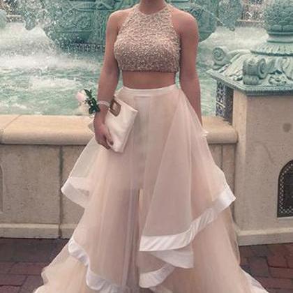 Beads Tulle Two Piece Prom Dresses,..