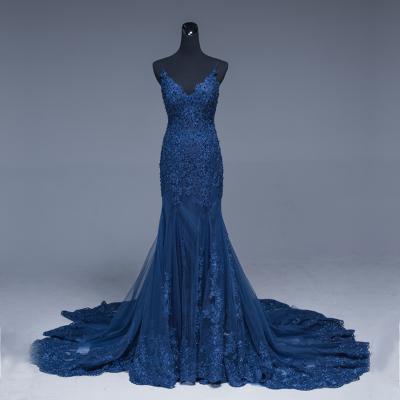 Spaghetti Straps Mermaid Evening Dresses,Navy Blue Lace Appliqued Formal Dresses,Court Train Evening Party Dresses