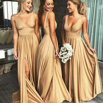 Sexy Silk Satin Bridesmaid Dresses with Deep V Neckline,Champagne Gold Bridesmaid Dresses 2018,Leg Slit Prom Dresses for Bridesmaid,Red Bridesmaid Dresses Long