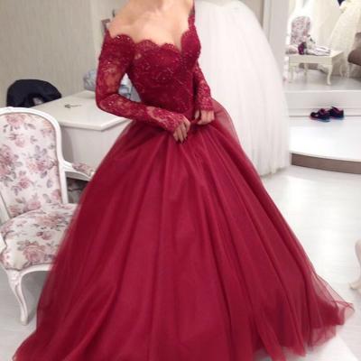 Sheer Long Sleeves Prom Dress,Ball Gown Prom Dress,Elegant Evening Dress,Burgundy Prom Dresses 2017
