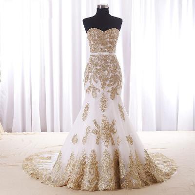 Real Wedding Dress,Gold Lace Appliques Bridal Dresses,Court Train Elegant Mermaid Wedding Dress 2016