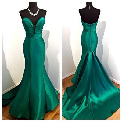 Emerald Green Satin Long Mermaid Evening Dresses 2016,Court Train Evening Pageant Gowns