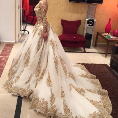 Gold Lace Applique Wedding Dresses,Luxury Bridal Dresses,Arabic Style Wedding Dress,Wedding Dresses Long Sleeves