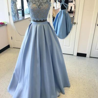 Two Piece Prom Dresses 2017,High Neck Lace and Satin Vintage Prom Dresses Long,Blue Two Piece Prom Gowns,Lace Back Two Piece Prom Dresses