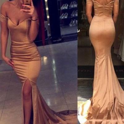 Sexy Champagne Off the Shoulder Prom Dress,Mermaid Silk Satin Prom Dress Long,Side Slit Party Dress,Bridesmaid Dresses,Wedding Party Dress