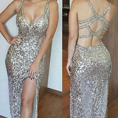 Cross Back Side Slit Sexy Sequin Prom Dresses,Party Dresses 2017,Evening Party Gown,Gold Sequin A Line Prom Dresses,Prom Dresses 2017
