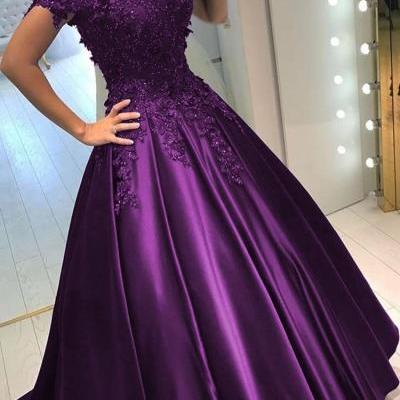 Cap Sleeves Ball Gowns Prom Dresses,Lace Flower Beads Prom Dresses Long,Prom Dresses 2017,Unique Satin Formal Dresses,Pageant Dresses 