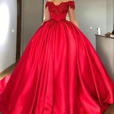 Red Wedding Dresses 2017,Cap Sleeves Ball Gowns Satin Engagement Dresses,Formal Dress