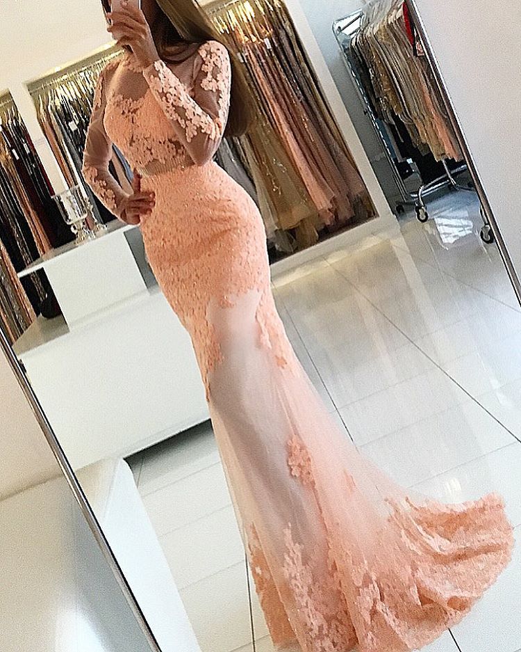 Open Back Sexy Evening Dresses,long Sleeves Mermaid Evening Gowns,lace Appliques Prom Party Dreses