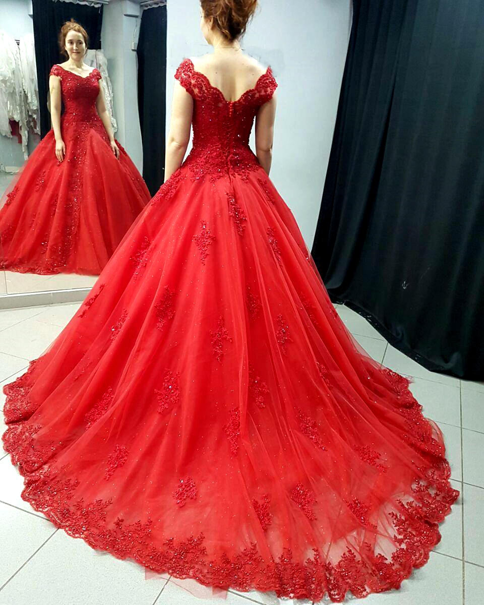 Court Train Off The Shoulder Red Bridal Dresses,Ball Gown Wedding Dresses,Lace Appliqued And Beaded Formal Prom Dresses