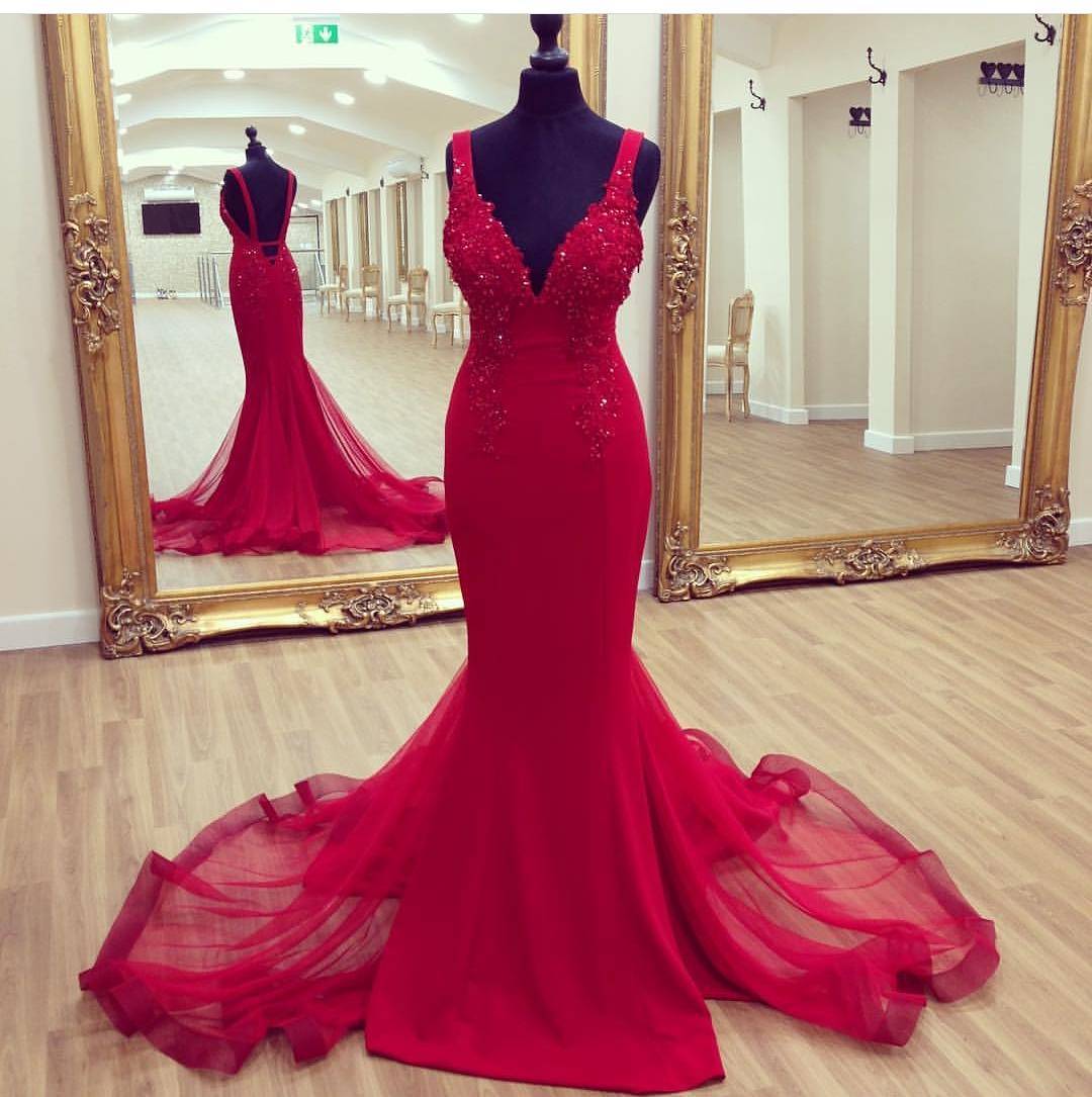Back Open Red Mermaid Evening Dresses,shinning Beaded Sweep Train Formal Dresses,satin And Tulle Evening Gowns