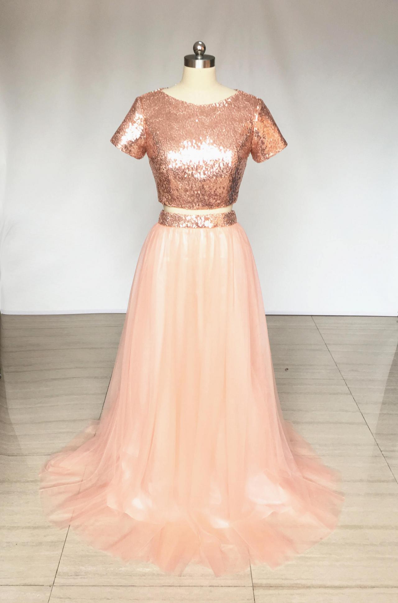 Two Piece Rose Gold Sequin Tulle Long Bridesmaid Dress With Short Sleeves,sequin Bridesmaid Dresses,long Bridesmaid Dresses