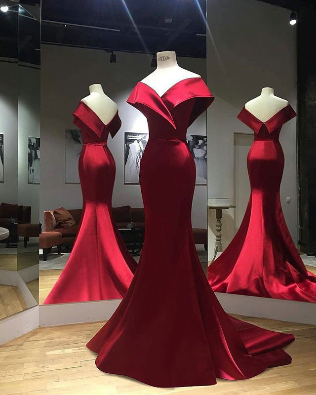 Elegant Mermaid Evening Dresses 2019,off The Shoulder Red Formal Dresses,satin Long Prom Dresses,spring 2019 Prom Dresses Mermaid