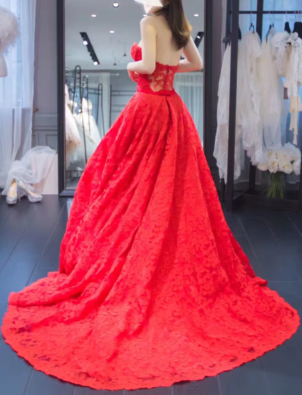 Lace Evening Dress 2017,real Made Red Lace Evening Gown,prom Dress Lace;elegant Long Sweetheart Wedding Party Gown
