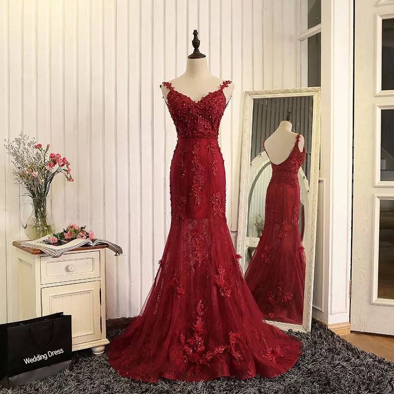 Formal Dresses,straps Beads Mermaid Evening Dresses 2017 With Lace Appliques,red Pageant Gowns