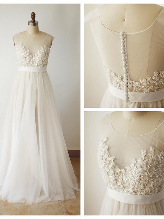 Simple Chiffon Wedding Dresses, Illusion Open Back Lace Bridal Dress,vintage Wedding Dress Lace,discount Summer Wedding Dresses,vintage Tulle And