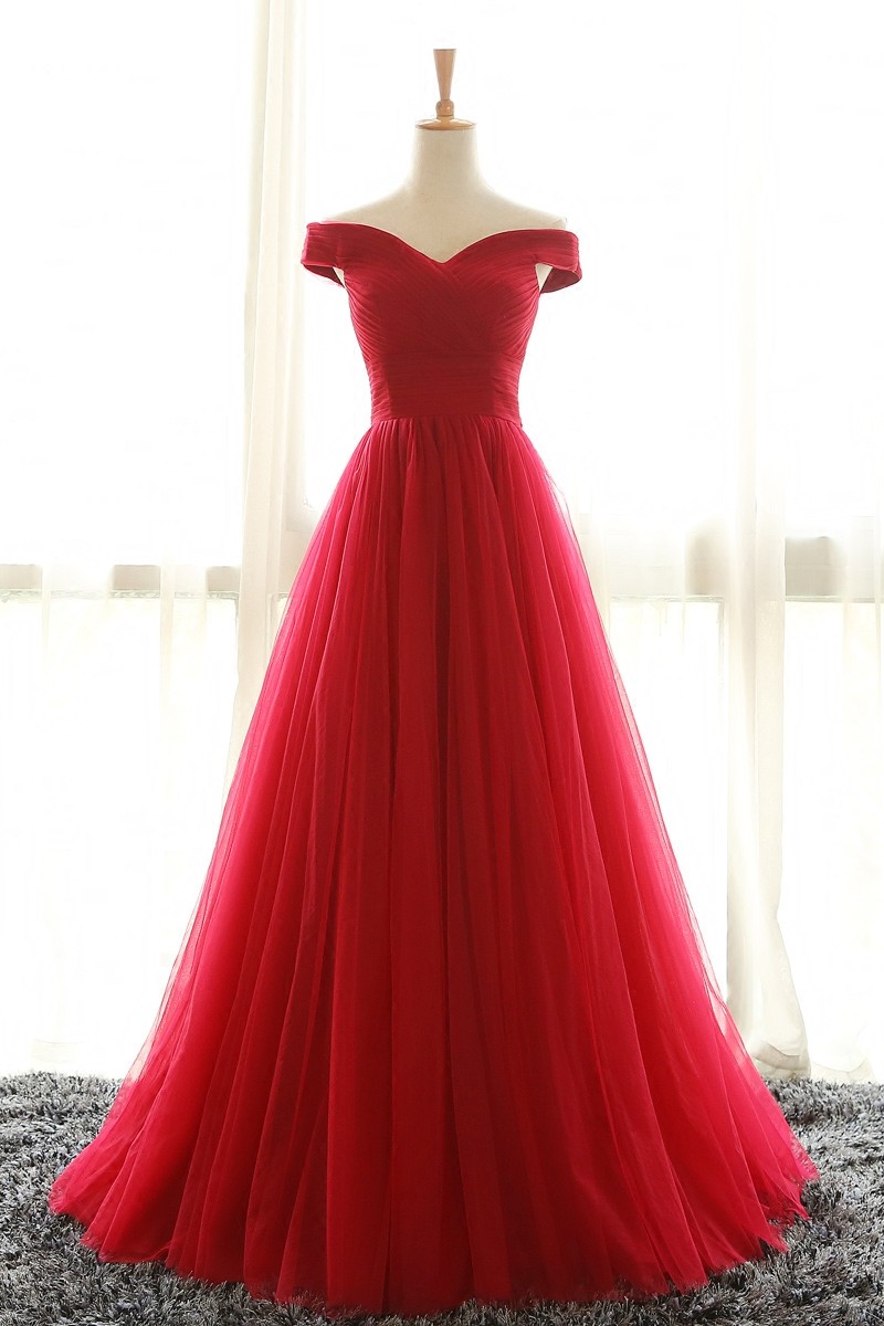 Red Formal Dresses Long,cap Sleeves Tulle Prom Dresses,a Line Evening Party Dresses,real Party Gown