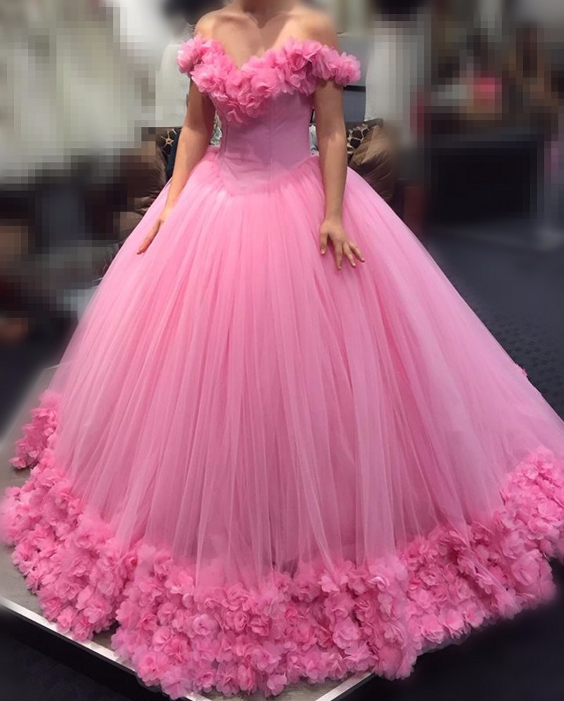 Floral Pink Wedding Dresses,Ball Gown 3D Flower Off the Shoulder Princess Style Quinceanera Dresses 2016,Blue Ball Gown Sweet 16 Dresses Embllished with Flowers,Luxury Pink Prom Dresses