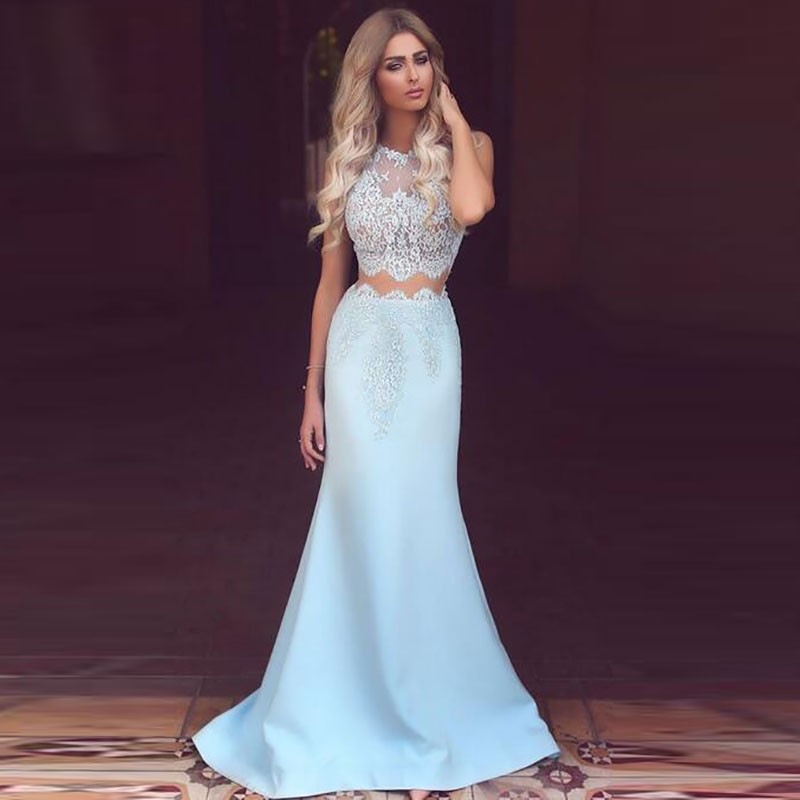 Two Piece Prom Dresses,Lace Top Satin Mermaid Party Dresses,Blue Mermaid Prom Dresses 2017,Prom Gowns