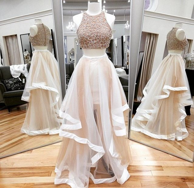 Beads Tulle Two Piece Prom Dresses,Light Champagne Asymmetry Skirt Long Prom Dresses,Gorgeous Party Dresses,Prom Dresses for Girls