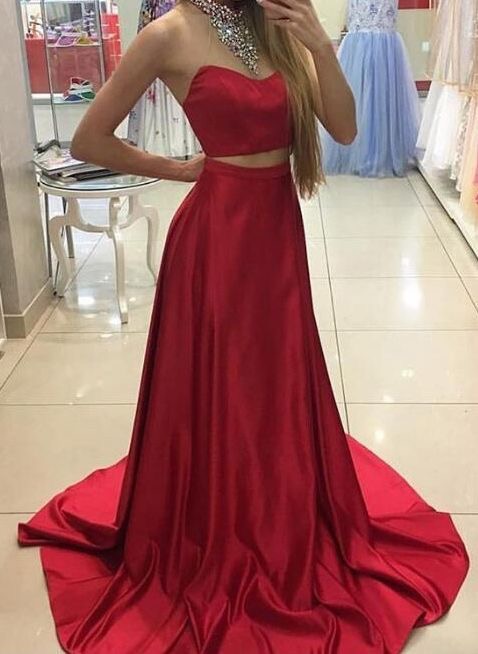 Two Piece Prom Dresses,Red A Line Satin Prom Dresses Long,Prom Dresses 2017,Party Dresses 