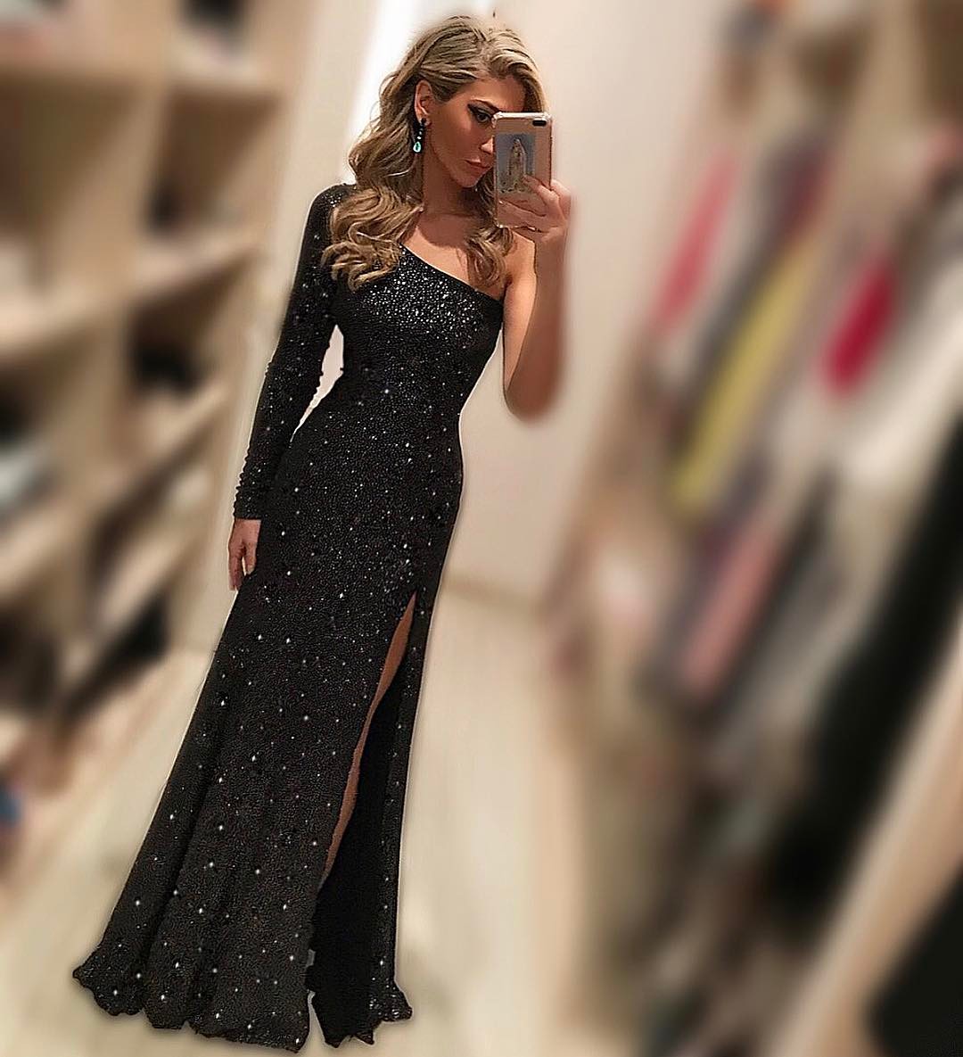 Black Evening Dresses,One Shoulder Beads and Crystal Evening Party Dress ,Sexy Side Slit Prom Dresses,Formal Dress,Evening Dresses Long
