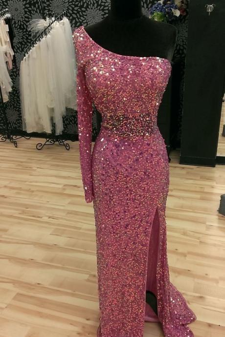 One Shoulder Sequins and Crystal Evening Dresses,Bling Bling Prom Dresses,Luxury Evening Party Dresses