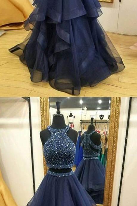 Navy Blue Two Piece Prom Dresses,Beaded Prom Dresses,Layered Organza Graduation Dresses
