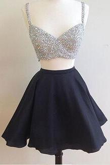 Two Piece Homecoming Dresses 2018,Two Sets Prom Dresses Short,Shinning Beads Black Graduation Dresses