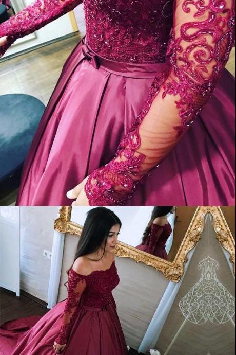 Long Sleeves Boat Neck Prom Dresses,Lace Appliques Ball Gown Bridal Dresses,Court Train Taffeta Prom Dresses 2018