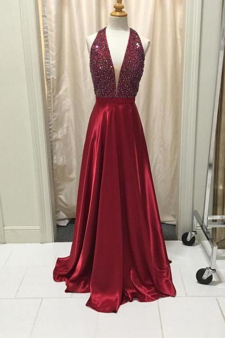 Attractive Crystal Deep V Neckline Prom Dresses 2018,Red Sparkling Long Prom Dresses 