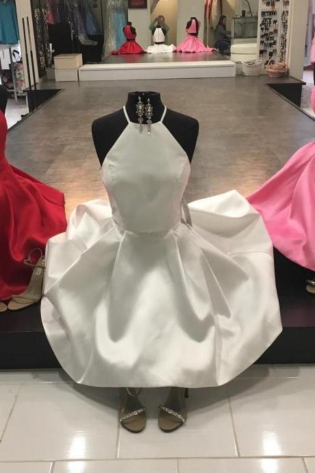 White Satin Homecoming Dresses 2018,Red Hater Neckline Mini Graduation Dresses,Two Piece Cut Back Short Prom Dresses 2018
