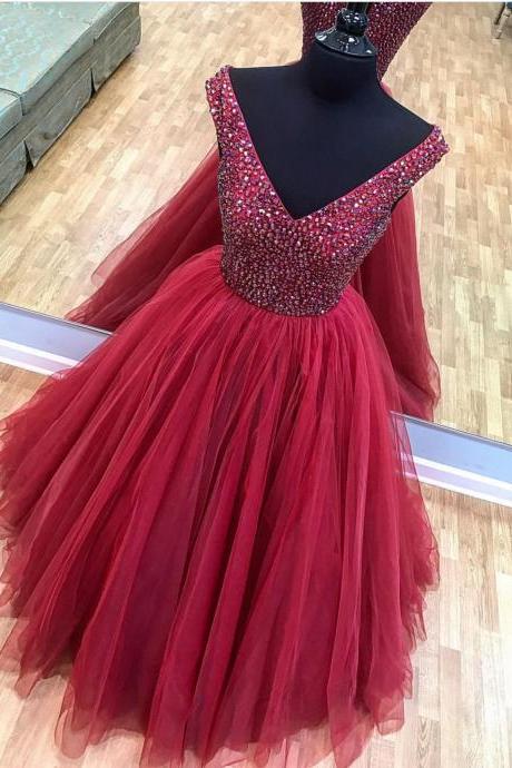 Pleated Organza Ball Gown Prom Dresses with Crystal,Burgundy Prom Dresses,V Neck Floor Length Party Dresses