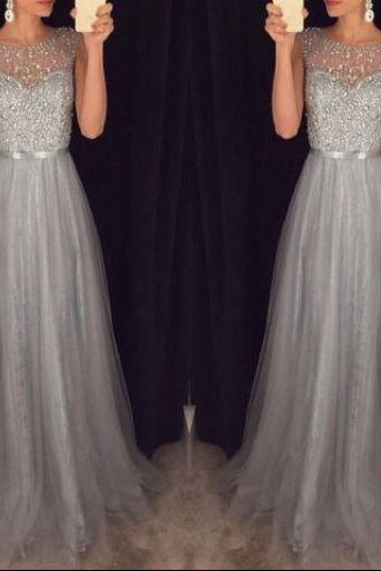 Silver Prom Dresses,Prom Dress Long,Tulle Prom Party Dress,Elegant Evening Dresses,Evening Gown 2016,Beaded Long Prom Dress
