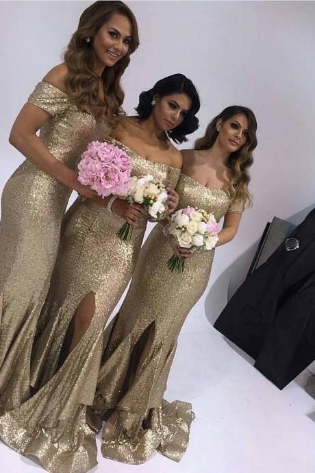 Cap Sleeves Ruffles Long Gold Sequins Mermaid Prom Dresses Sparkling Evening Gowns,2016 New Arrival Gold Bridesmaid Dresses