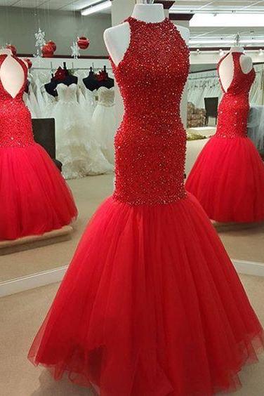 Chic Neck Bodice Mermaid Prom Dresses,Sparkling Crystal Red Party Dresses,Prom Dresses 2017,Prom Dresses Long