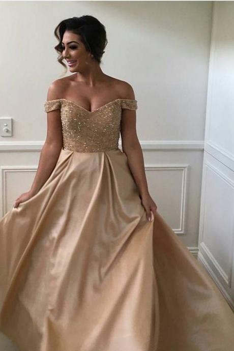 Sexy Off the Shoulder Sequins and Beading Prom Dresses Long,Gold Silver Satin Wedding Party Dresses 2017, New Arrivals Silver Evening Dresses,Bridesmaid Dresses