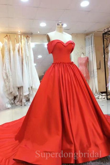 Princess Red Pageant Gowns,Off the Shoulder Prom Evening Gowns 2017,Court Train Satin Prom Gowns;Evening Dresses