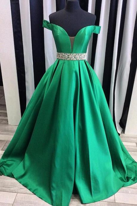 Evening Dresses 2017,Off the Shoulder Elegant Satin Evening Gowns,Green Royal Blue Handmade Belt Prom Party Gowns,Princess Evening Pageant Gowns