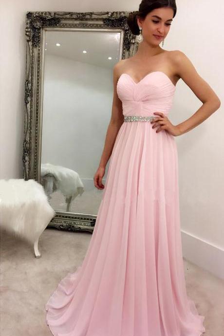 Floor Length Pink Chiffon Prom Dresses,Cheap Prom Party Dresses,Pleated Chiffon Dresses for Bridemaid