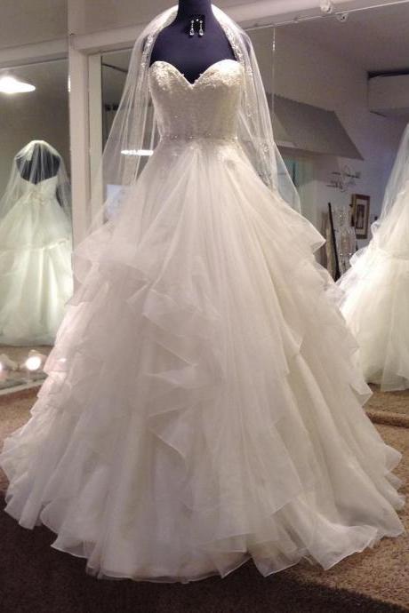 Simple Ruffled Organza A Line Wedding Dresses ,Elegant Lace Appliques Bridal Dresses,Real Photos Dresses for Bridal